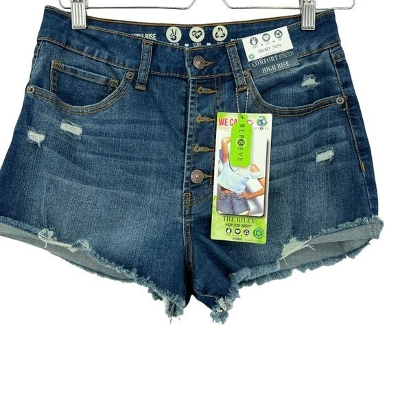 Refresh Denim shorts 9 stretch high rise frayed hem recycled fibers women's - Picture 1 of 9